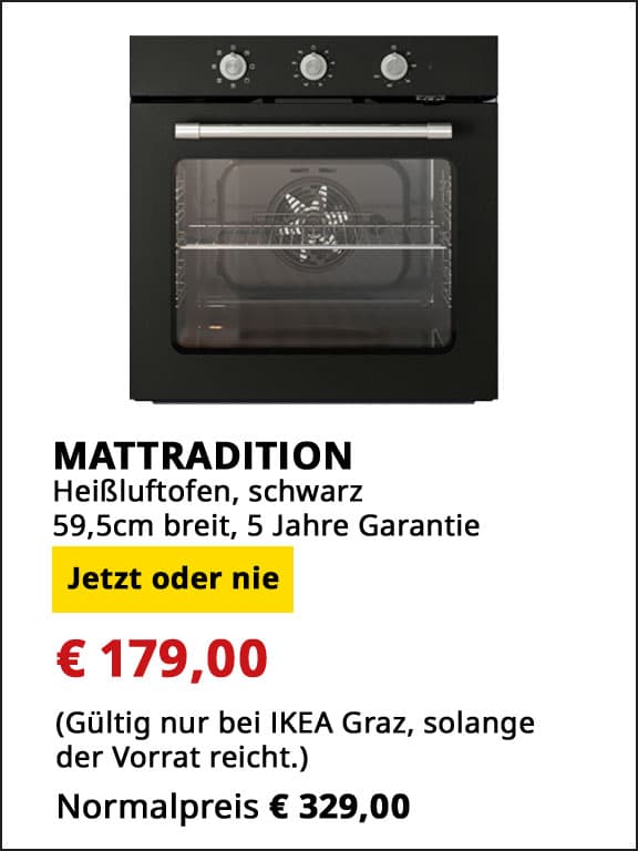 Heißluftofen Mattradition, 59,5cm breit, chwarz, 5 Jahre Garantie, statt € 329, um € 179.