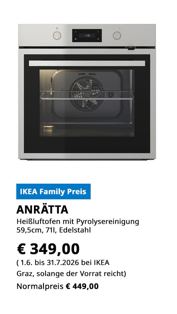 Heißluftofen mir Pyrolyse Anrätta, 71l, 59,5cm, Edelstahl, statt € 449 zum IKEA Family Preis von € 349.
