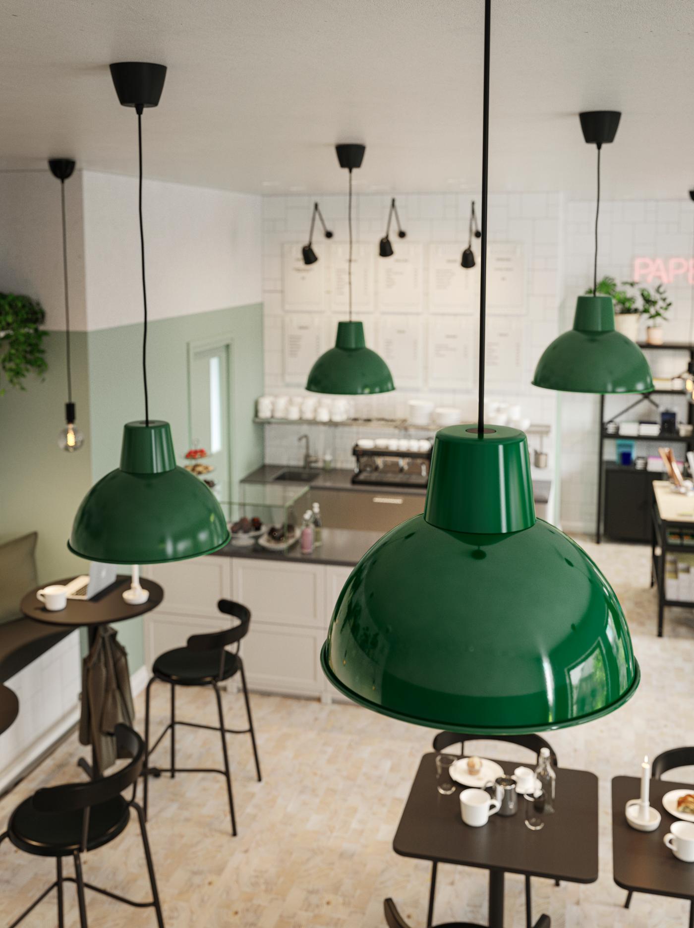 Helles, offenes Café mit schwarzen Möbeln und mehreren grünen Hängelampen.