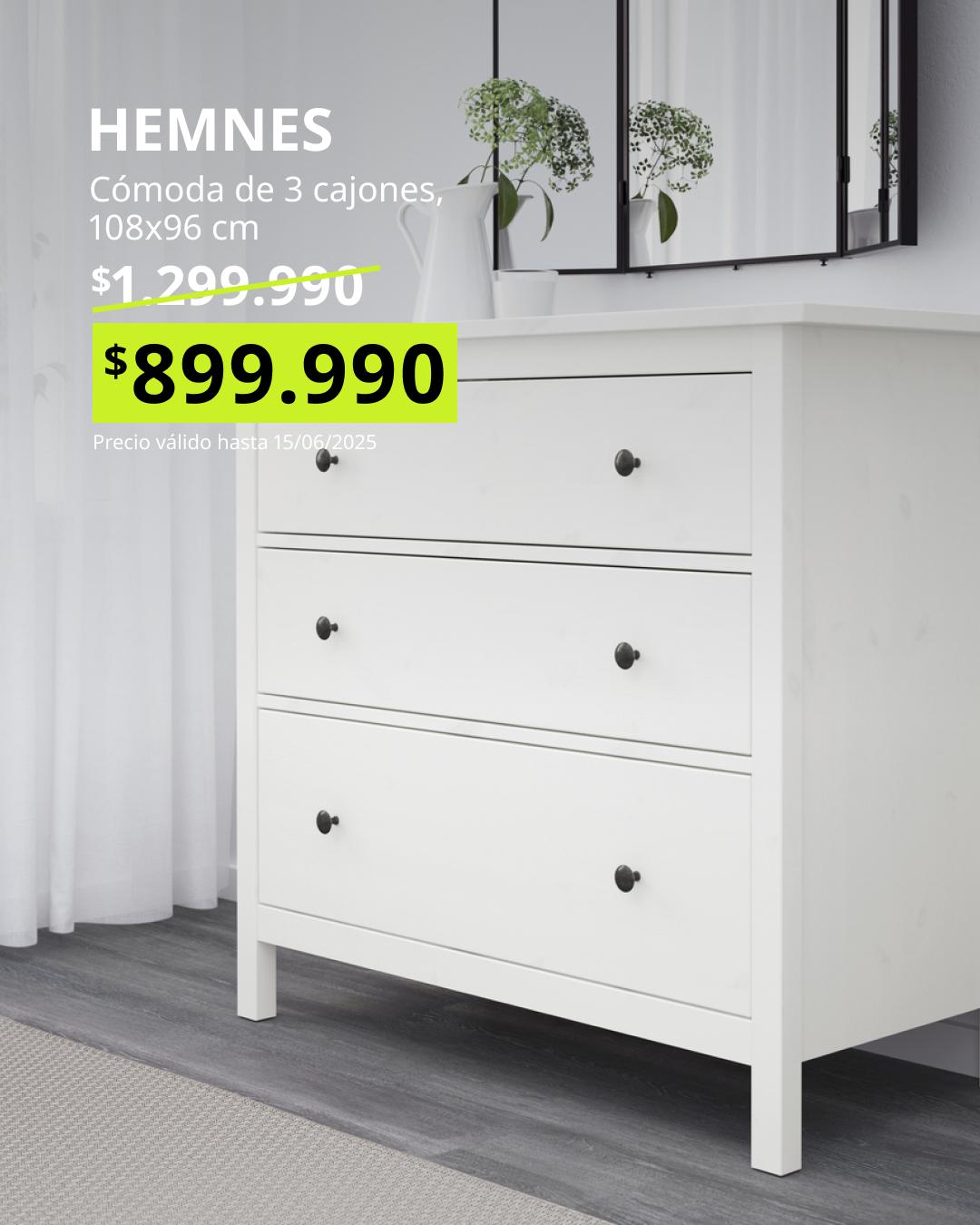 HEMNES cómoda blanca de 3 cajones 108x96 cm, diseño tradicional con almacenamiento funcional