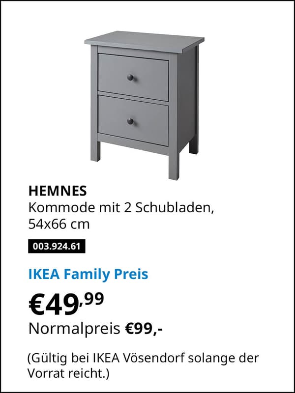 HEMNES Kommode mit 2 Schubladen, 54x66 cm Artikelnummer 003.924.61 statt € 99,-  zum IKEA Family Preis von € 49,99 
