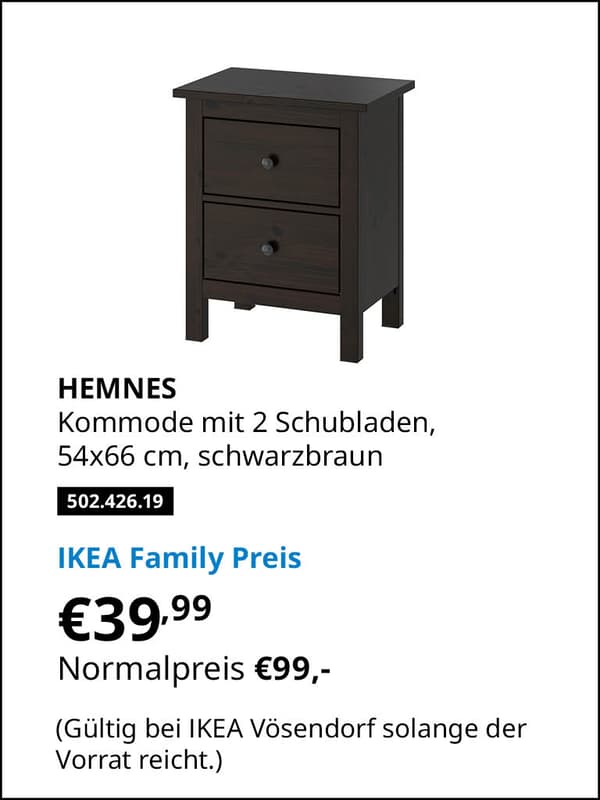 HEMNES Kommode mit 2 Schubladen, 54x66 cm Artikelnummer 003.924.61 statt € 99,-  zum IKEA Family Preis von € 39,99 
