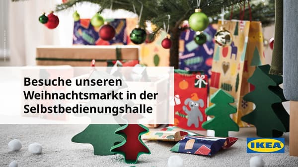 Hinweis auf den Weihnachtsmarkt bei IKEA Graz in der Selbstbedienungshalle.