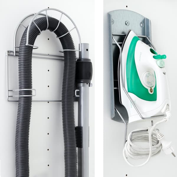 Holders for storage of vacuum cleaner and iron.