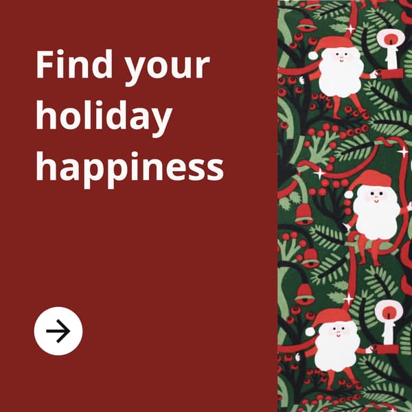Holiday promotion with bold white “Find your holiday happiness” text and an arrow on a burgundy background, beside festive Santa and greenery illustrations.