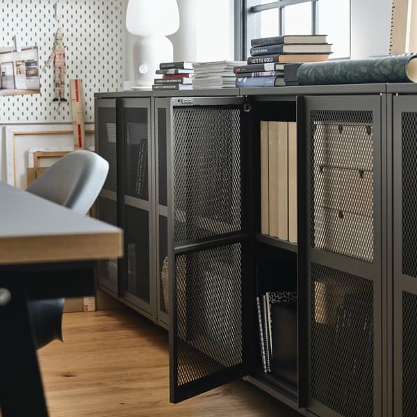 Home office space shows one-section IVAR storage unit with foldable table, IVAR cabinet, ALEX drawer units and swivel chair.
