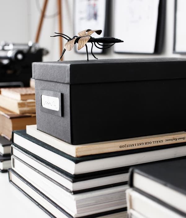 Home office storage stacked on books.