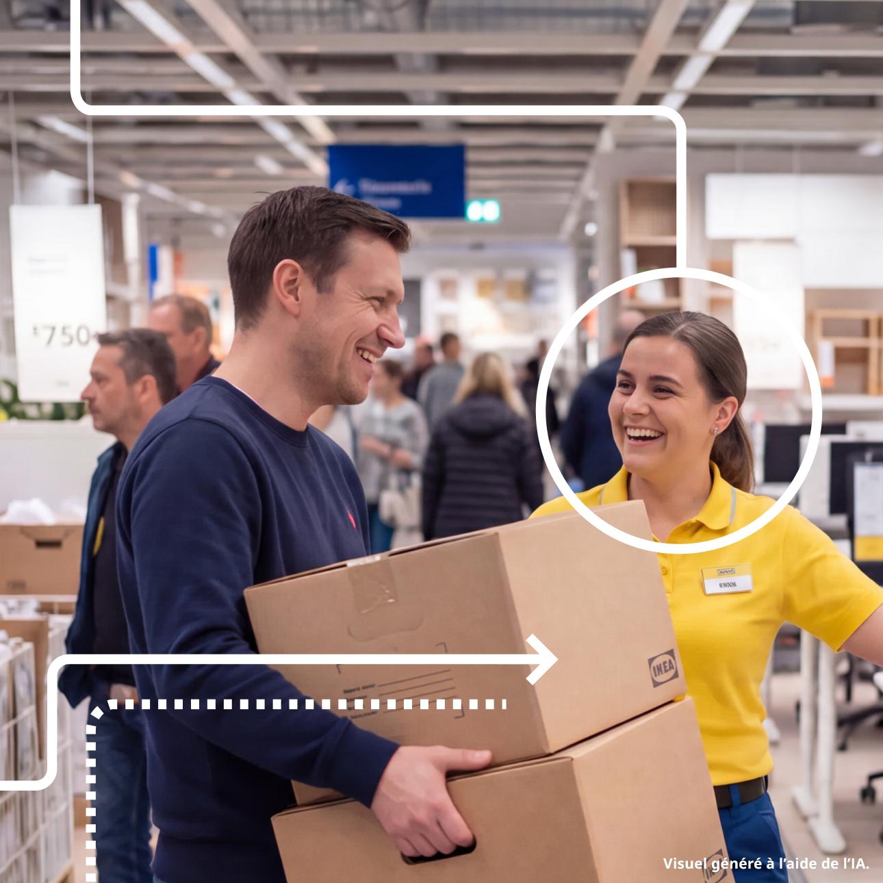 Homme portant des cartons et souriant à une collaboratrice IKEA dans un magasin