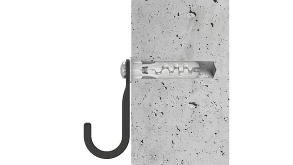 Hook attached to a concrete wall using a white anchor and screw, with the drilled hole and fixing shown in section.