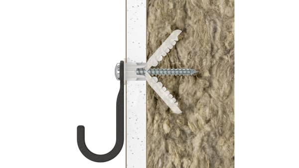 Hook fixed to an insulated wall with a screw and expanded plug, revealing wall structure and attachment method.