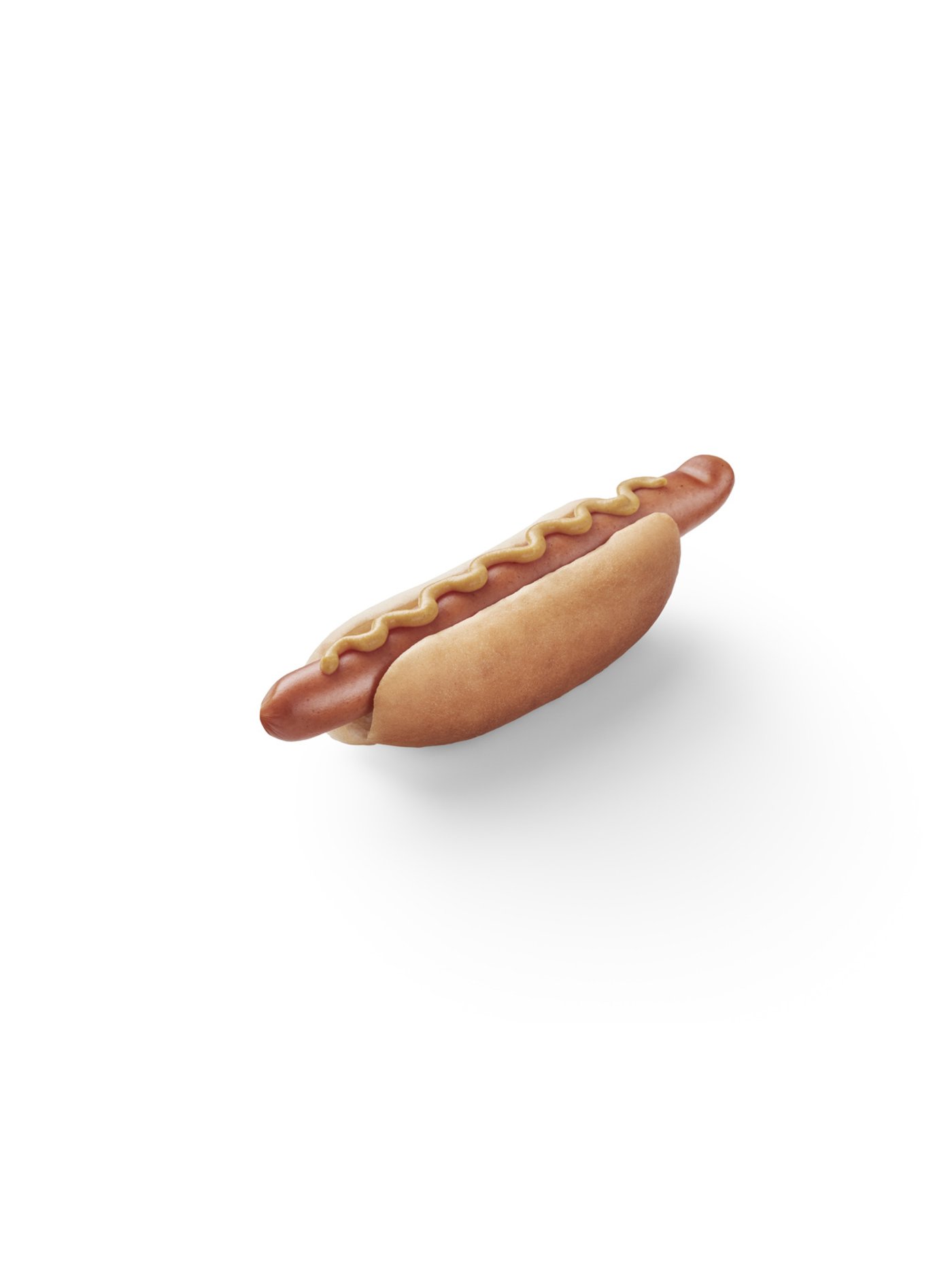 Hot-dog dans un pain blanc garni d’une saucisse et de moutarde, présenté sur fond clair.