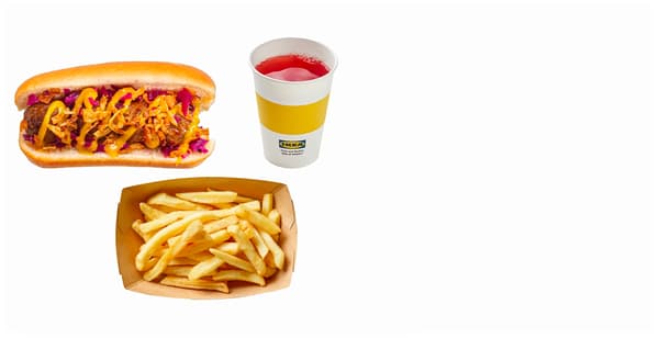 hot dog s masovými kuličkami, hranolky a nápoj
