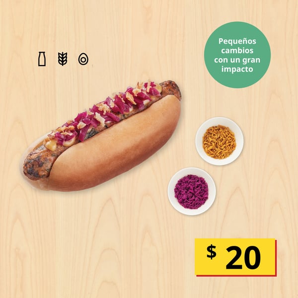 Hot dog vegetariano
Servido con cebolla crujiente y col morada.
$20
