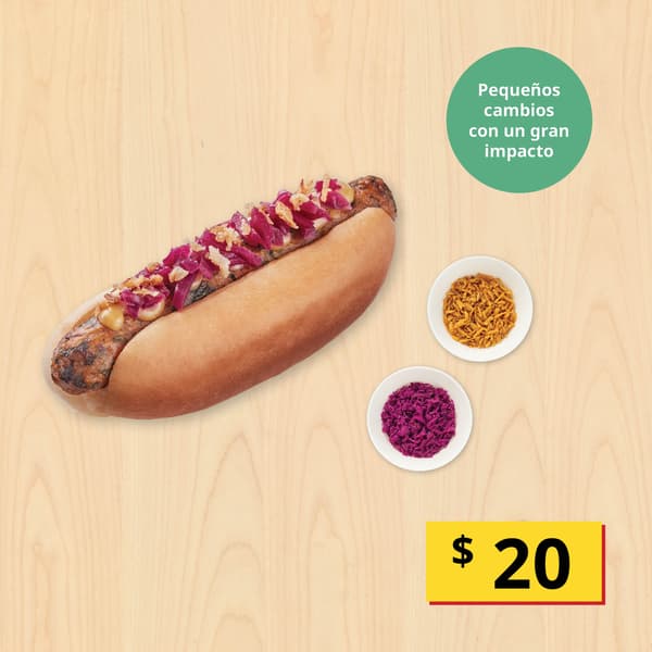 Hot dog vegetariano
Servido con cebolla crujiente y col morada.
$20