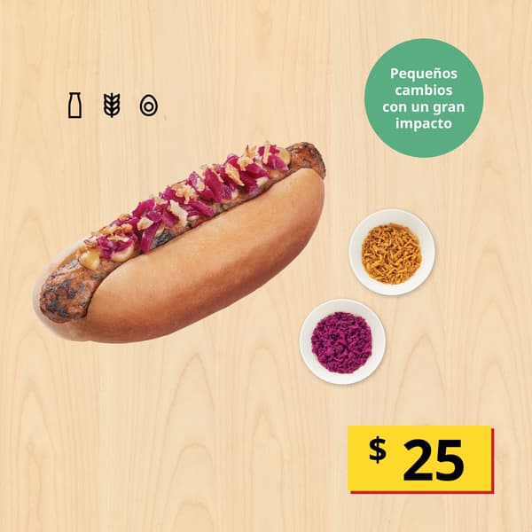 Hot dog vegetariano
Servido con cebolla crujiente y col morada.
$25
