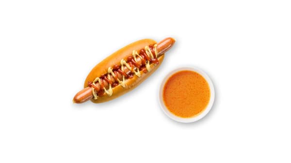 ホットドックとオレンジ色のスープ