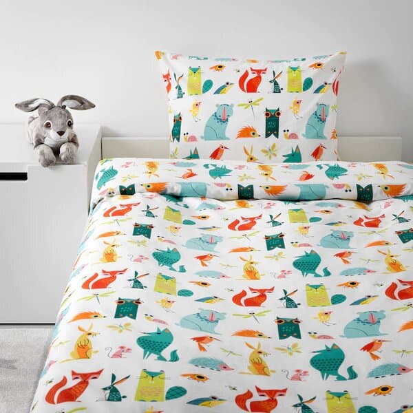 Housse de couette DJUNGELSKOG jaune avec motifs d'animaux de la jungle