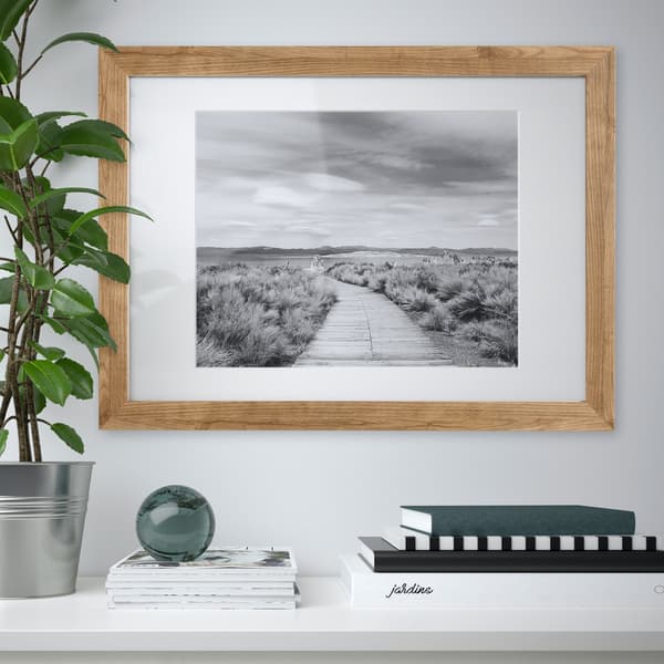 Houten fotolijsten aan de muur met natuurbeeld  in zwart-wit