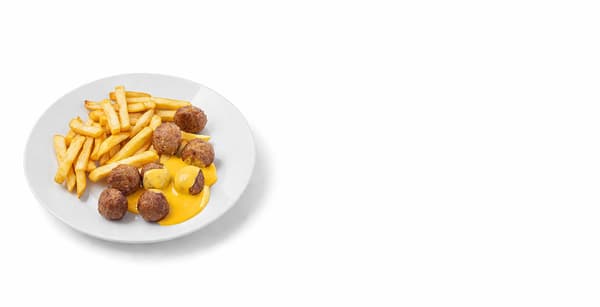 hranolky a bezmasé kuličky s čedarovým sosem