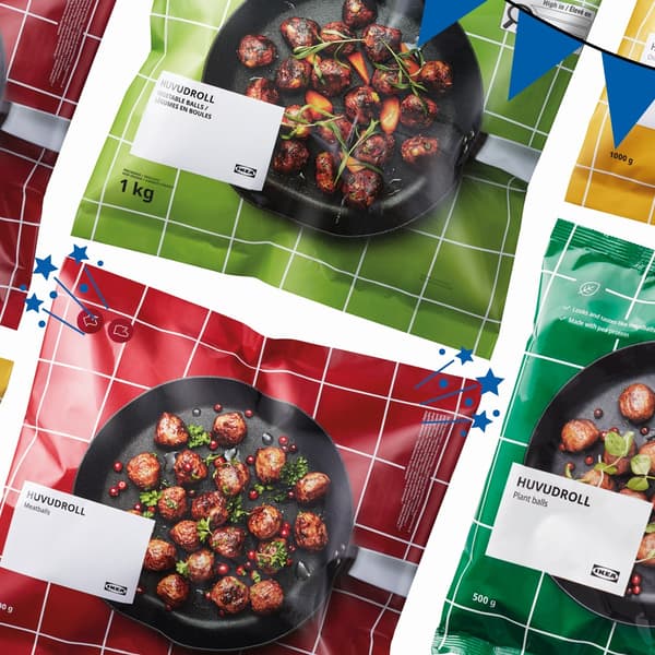 HUVUDRULL Fleisch(los)bällchen Verpackung als Collage.