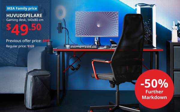 HUVUDSPELARE gaming desk, now $49.50 with an extra 50% markdown during the final 3 days of the IKEA Swedish Midsommar Sale.