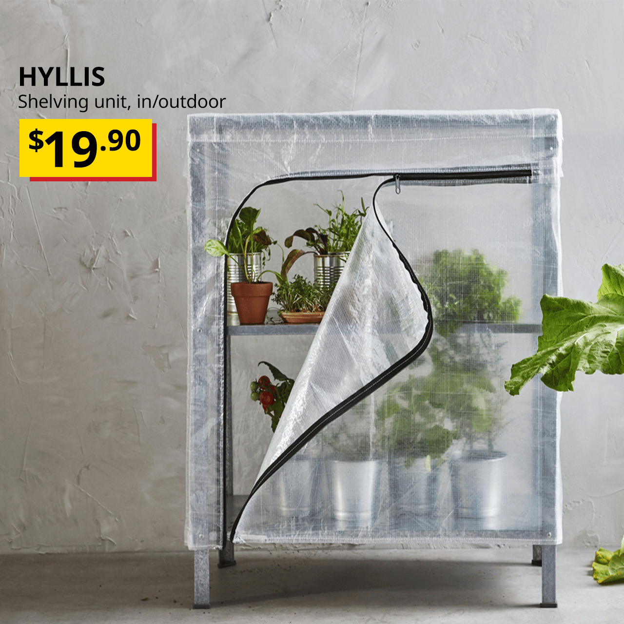 HYLLIS indoor/outdoor shelving unit with a cover showing plants and pots being stored inside.