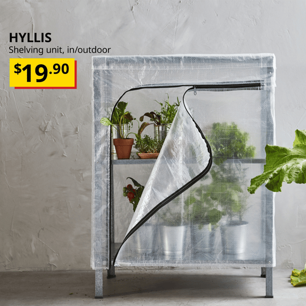 HYLLIS indoor/outdoor shelving unit with a cover showing plants and pots being stored inside. 