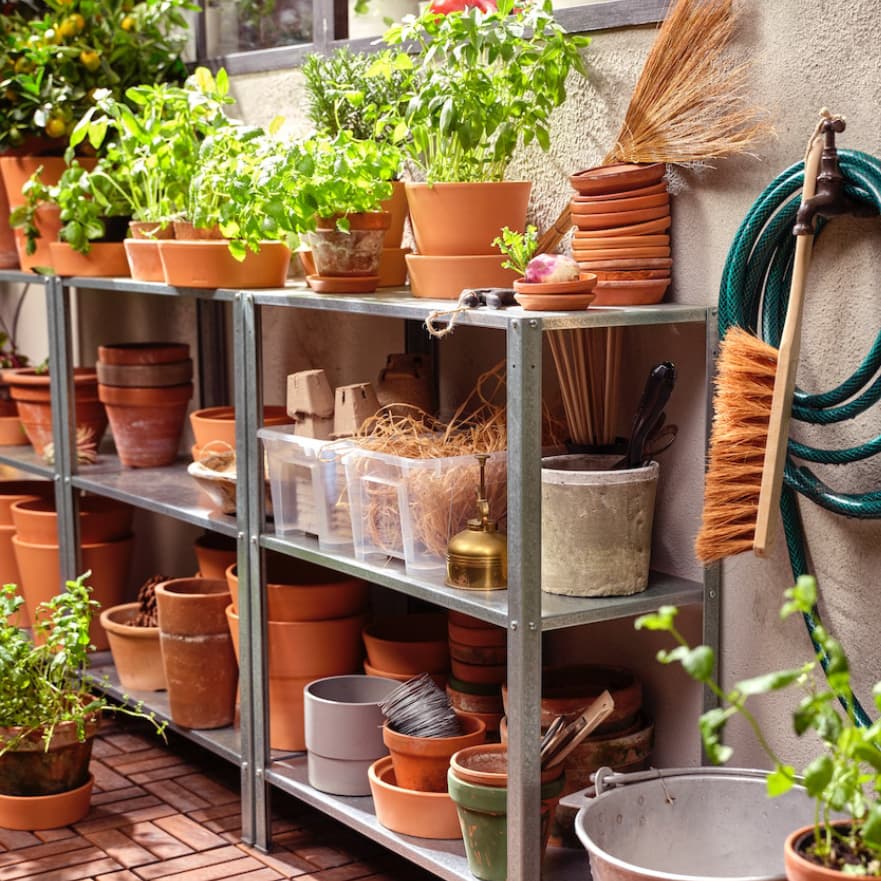 HYLLIS storage shelves in outdoor space garden
