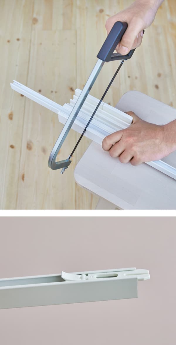 I binari VIDGA in plastica e alluminio rivestito a polvere, disponibili in bianco, possono essere montati al soffitto. I raccordi permettono di collegare facilmente il binario agli accessori da soffitto - IKEA