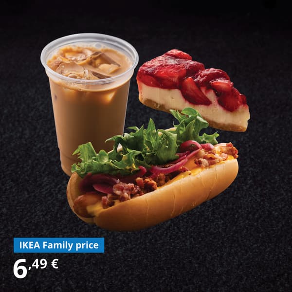 Iced Coffee, Bacon & Cheddar Hot Dog, Strawberry Cheesecake
