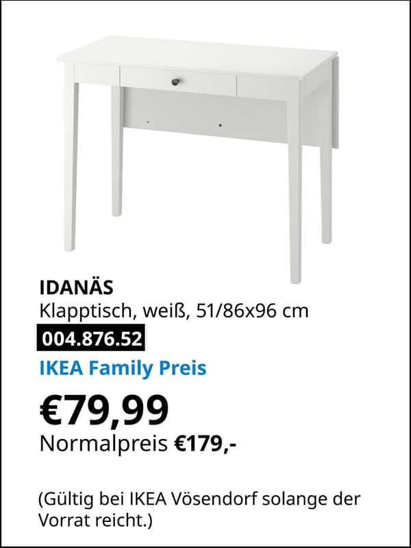 IDANÄS Klapptisch, weiß, 51/86x96 cm statt € 179,- zum IKEA Family Preis von € 79,99