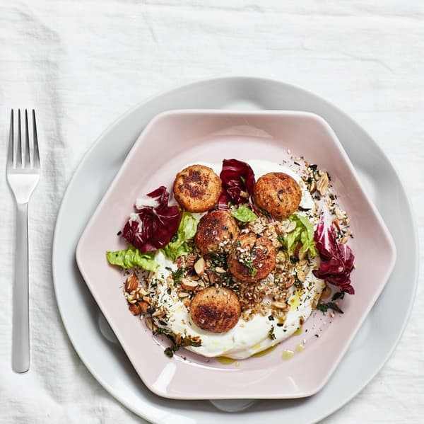 Ideas for salmon and cod balls with mixed grains, yoghurt and Nordic furikake.