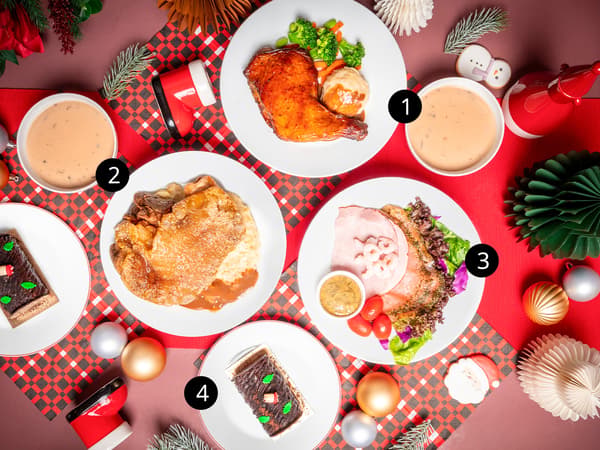 IKEA 2026 Christmas food lifestyle shot that showcase - Rosemark chicken whole leg with mashed potato with cream sauce and mixed vegetabls and green soya beans, Boneless pork knuckle with mashed potato with cream sauce, Chirstmas cold plate and Mini Christmas log cake.