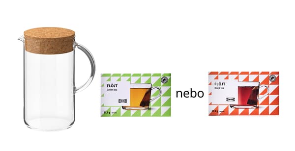 IKEA 365+, FLÖJT
1x Džbán s víčkem, čiré sklo/korek, 1,5 l,
1x Čaj, zelený, 25 ks, 37,5 g, Certifikace RainforestAlliance nebo 1x􀜆 Černý čaj, 25 ks, 37,5 g,Certifikace Rainforest Alliance