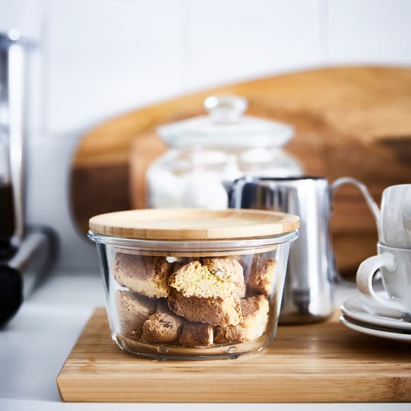 IKEA 365+ glass food container with bamboo lid.