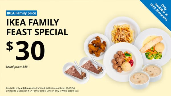 IKEA Alexandra's 30th Anniversary. 8pcs Swedish Meatball, Baked Salmon, Organic Penne Pasta with tomato sauce, 4pcs Chicken wings, 2 bowls of Mushroom soup & 2 plates of Swedish Daim cakes