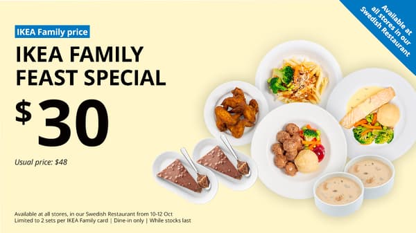 IKEA Alexandra's 30th Anniversary. 8pcs Swedish Meatball, Baked Salmon, Organic Penne Pasta with mixed vegetabled, 4pcs Chicken wings, 2 bowls of Mushroom soup & 2 plates of Swedish Daim cakes