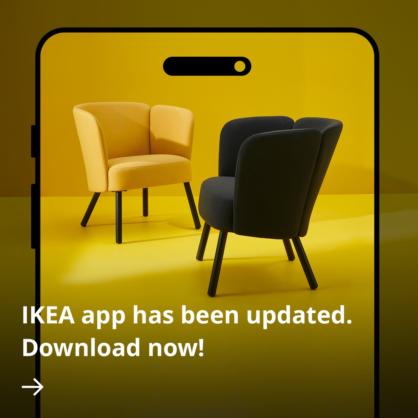 IKEA app update promotion showing modern armchairs on a yellow background.