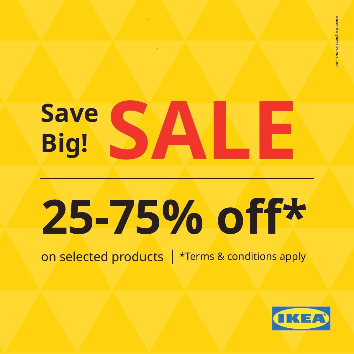 IKEA big sale offer banner showing 25 to 75 percent off on selected products