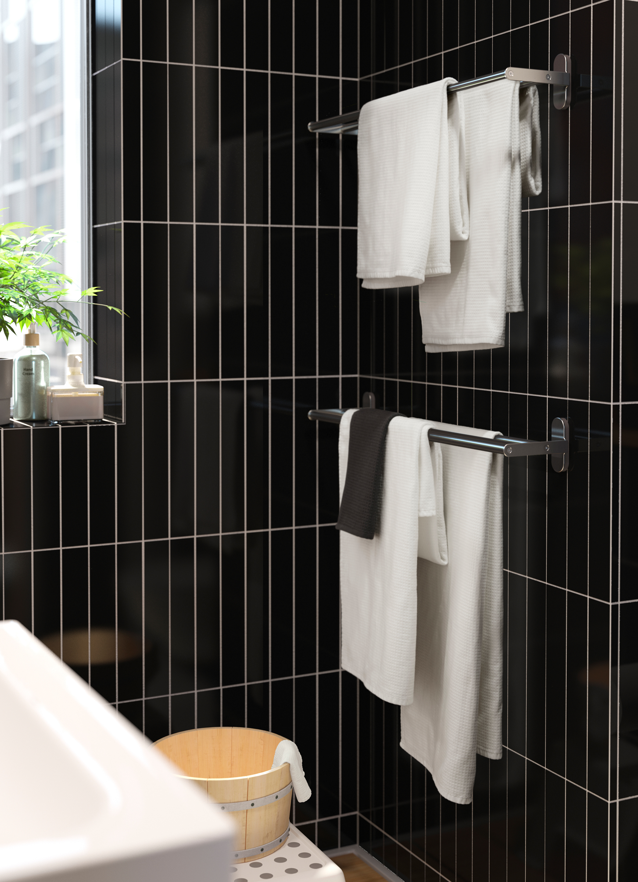 IKEA BROGRUND thin stainless steel towel rail is 67 centimeters in length. Mount multiple rails on the wall to dry multiple towels at a time.