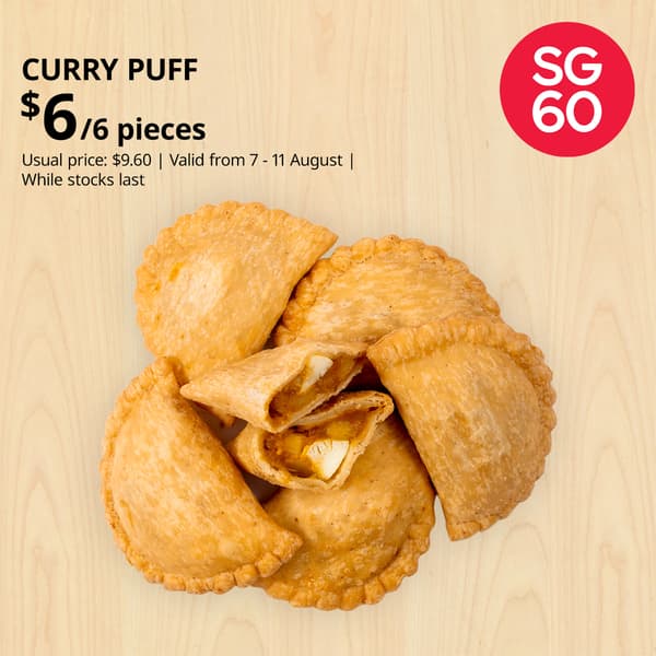 IKEA celebrates Singapore's 60th birthday. IKEA Offer: CURRY PUFF. Offer price: $6.00. Usual price: $9.60. Available from 7 - 11 August. While stocks last. Egg food symbol at top left corner of thumbnail. 