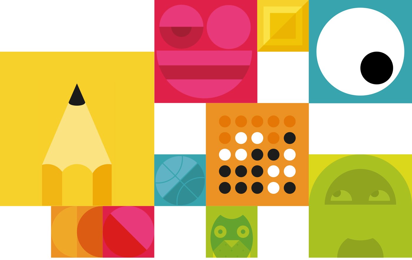 IKEA '즐거운 놀이터, 우리집' 캠페인의 주제를 나타내는 그래픽 아이콘이 더해진 다양한 색상의 사각형 그림