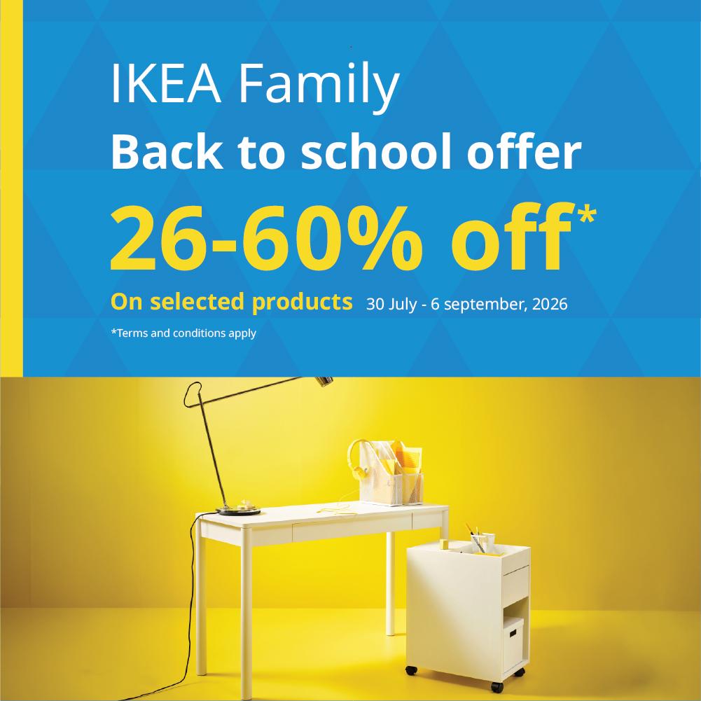 IKEA Family Back to School offer banner featuring a desk setup with 26-60% off text.