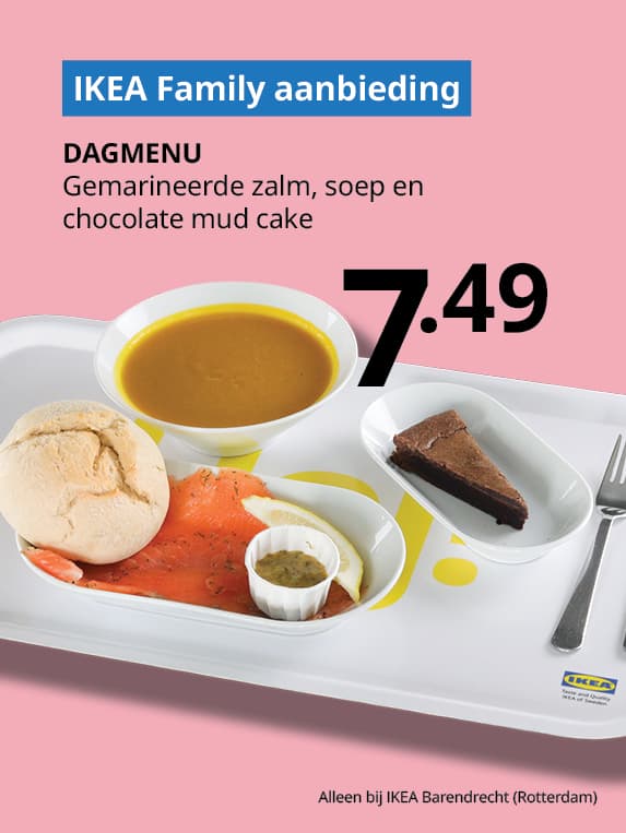 IKEA Family dagmenu aanbieding, nu voor 7.49 een gemarineerde zalm, soep en chocolade mud cake.
