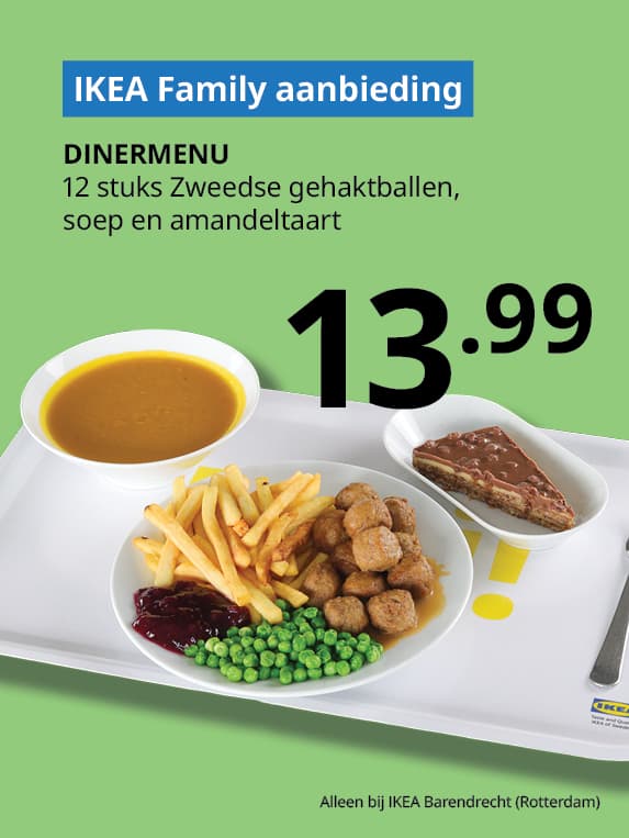 IKEA Family diner aanbieding, 12 gehaktballetjes, soep en amandeltaart 13.99