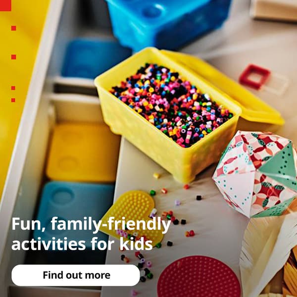IKEA Family Fest and IKEA 9.9 sale, 4 - 14 September 2025. Fun, family-friendly activities for kids. PSSYLA beads in a GLIS container. Find out more button.