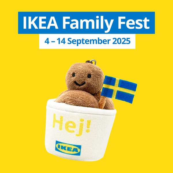 IKEA Family Fest, IKEA 9.9 Sale. Limited-edition Meatball keychain on yellow background