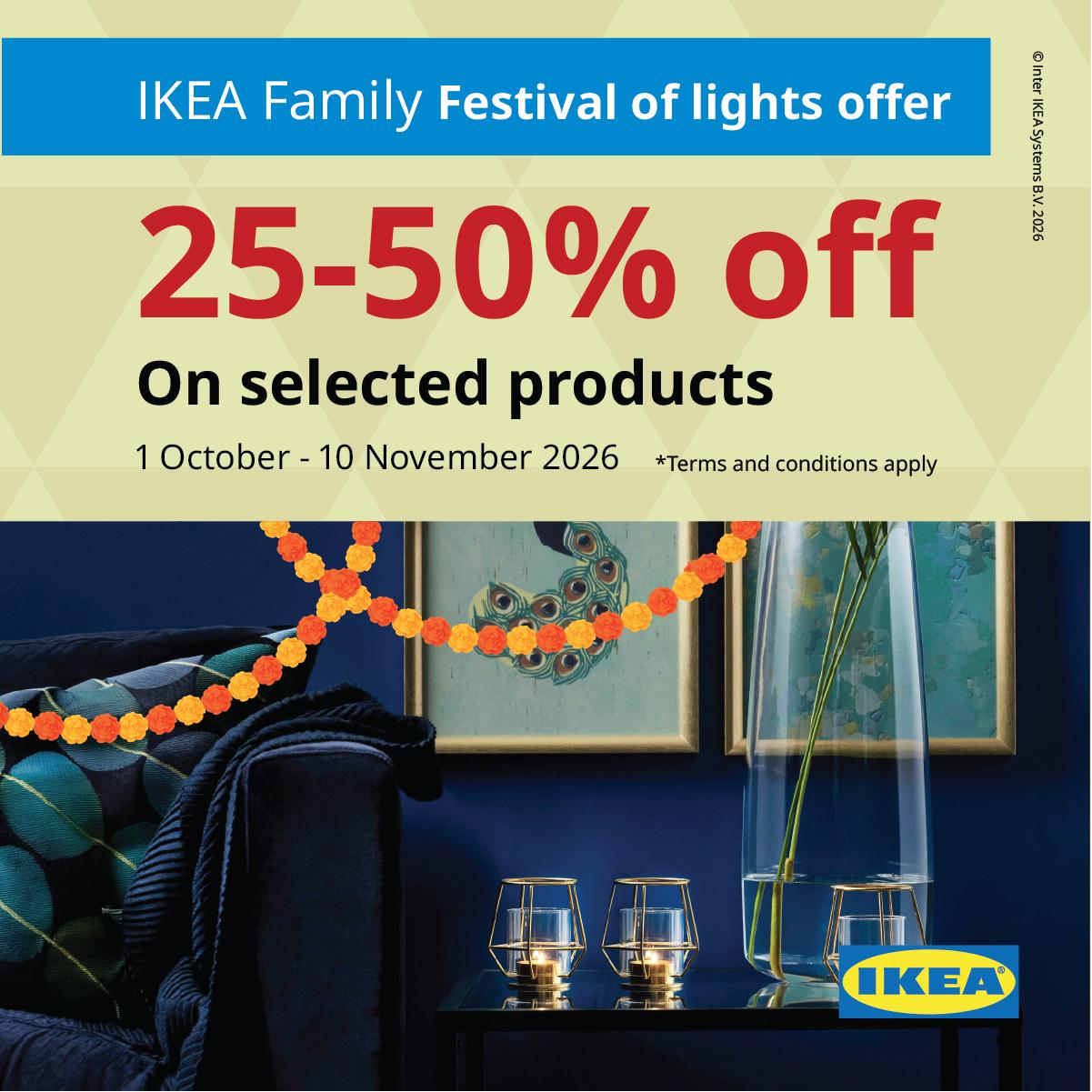 IKEA Family Festival of Lights offer with 25–50% off selected products from 1 October to 1 November 2026