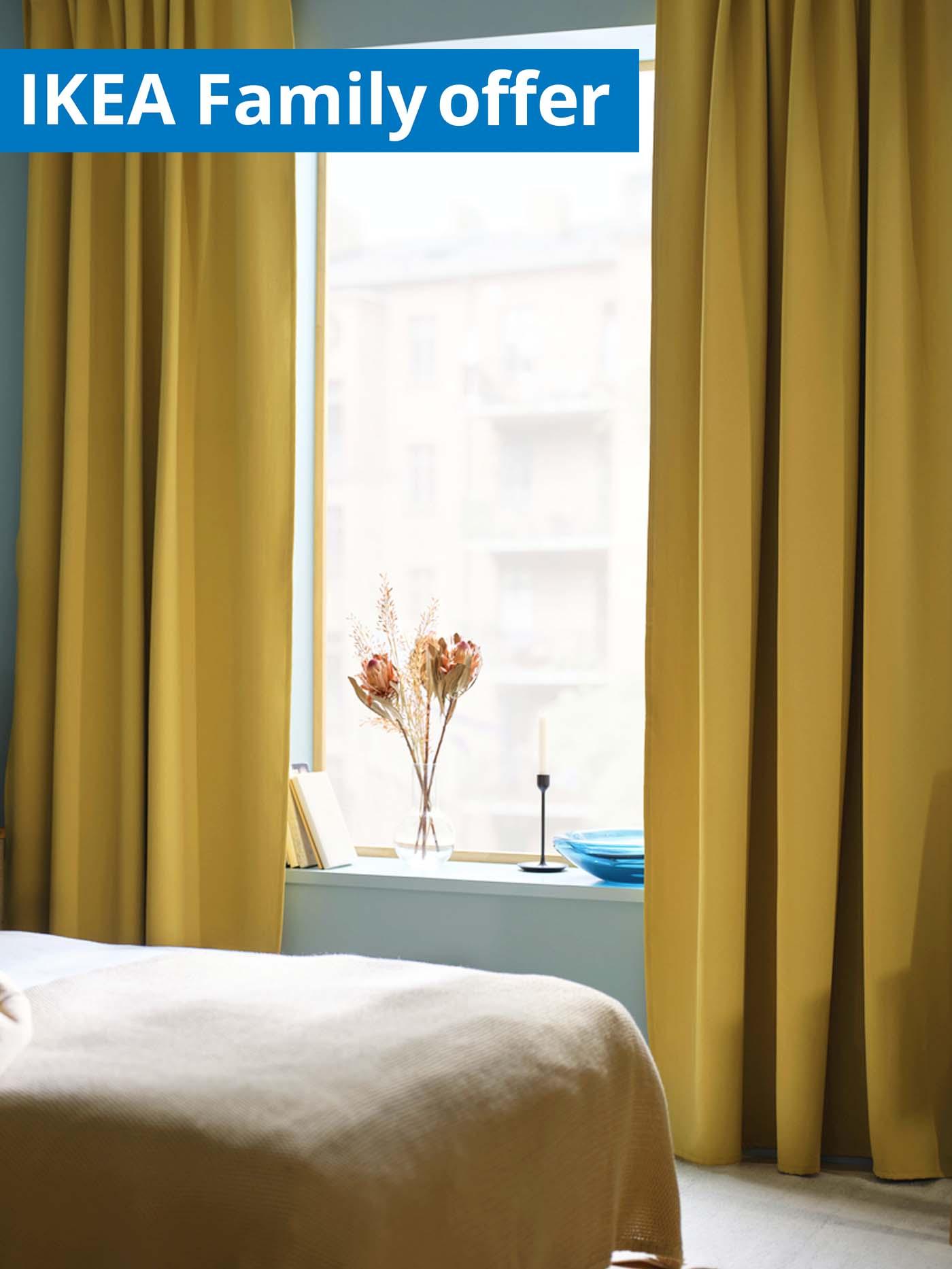 IKEA Family offer, 1-30 September 2026. Bedroom window featuring MAJGULL room darkening curtains, beige-yellow/with heading tape, 1 pair 250 cm.