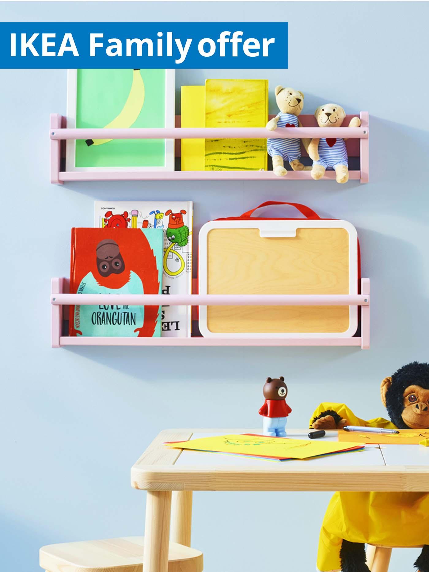 IKEA Family offer, 1-30 September 2026. Children's room features two wall shelves in pale pink.